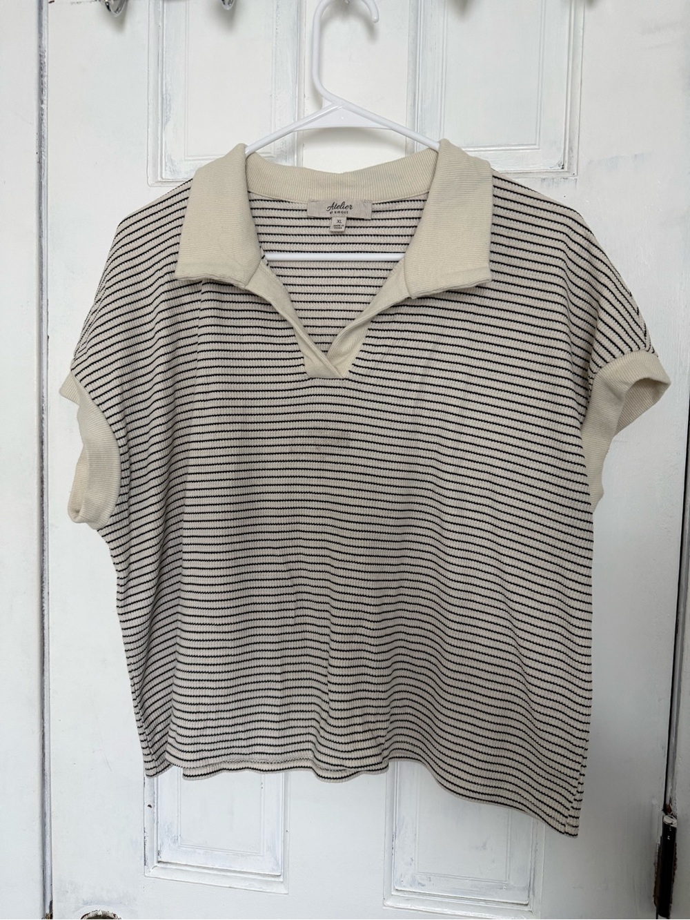 Cropped Polo Top in Cream and Black Stripe
